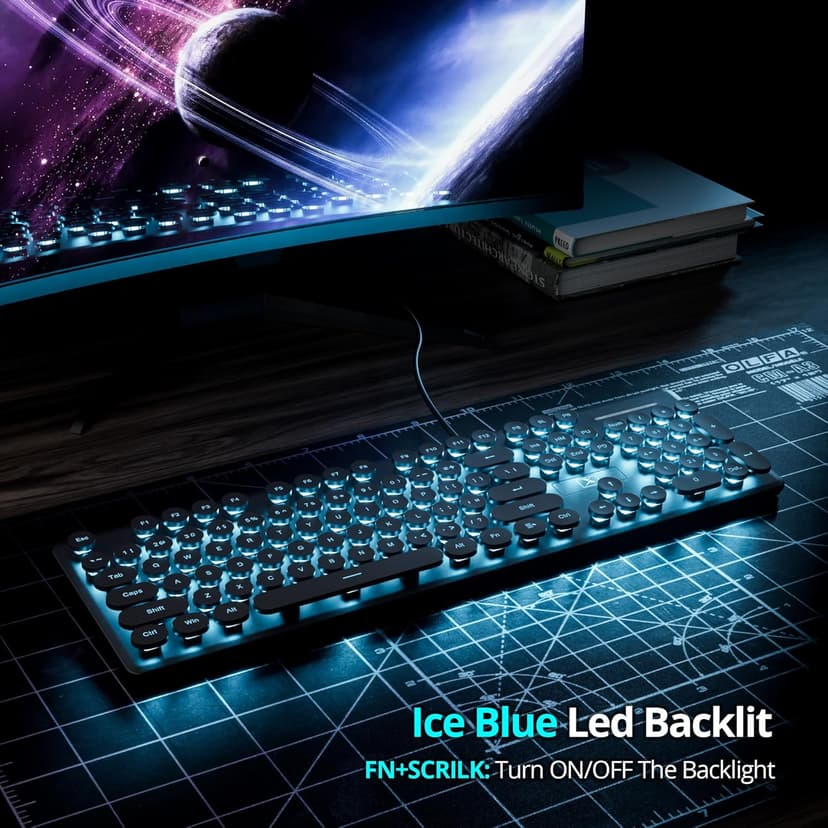 Wired Quiet Membrane Keyboard,Full Size 104-Keys Retro Punk Typewriter Blue LED Backlit ，USB Ultra Slim Gaming Keyboard with ABS Round keycaps for Windows/PC/Laptop (Black)