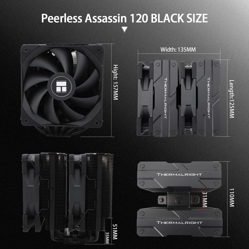 Thermalright Peerless Assassin 120 Black CPU Air Cooler, 6 Heat Pipes,TL-C12B PWM Fan, Aluminium Heatsink Cover, AGHP Technology, for AMD AM4/AM5/Intel LGA 1700/115X/1851/1200/2066/2011 PA120 Black