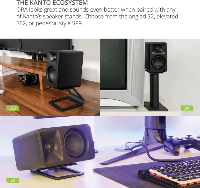 Kanto ORAMB 100W Powered Reference Desktop Computer Speakers with Bluetooth 5.0 and USB-C Input | Bi-Amplified | 100 Hz Automatic Crossover | Reference Quality Sound | Pair | Black