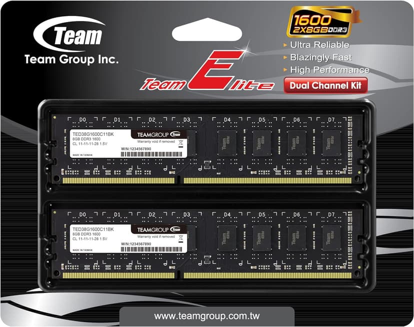 TEAMGROUP Elite DDR3 16GB Kit (2x8GB) 1600MHz (PC3-12800) CL11 Unbuffered Non-ECC 1.5V UDIMM 240 Pin PC Computer Desktop Memory Module Ram Upgrade - TED316G1600C11DC01