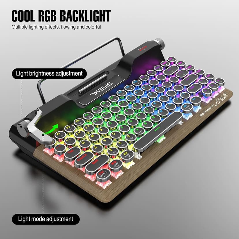 7KEYS Retro Typewriter Mechanical Gaming Keyboard, Vintage Style Computer Keyboard with Round Keycaps, Wireless Bluetooth5.0 and Wired/2.4G, True RGB Backlight, Compatible with PC/Laptop/Tablet/Phone