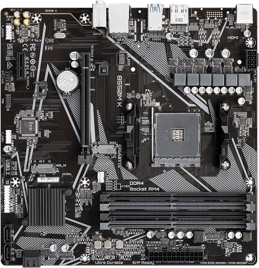 GIGABYTE B550M K Motherboard, Supports AMD AM4 Ryzen 5000 Processors, Micro-ATX, DDR4, Dual M.2, SATA 6Gb/s, Realtek GbE LAN, PCIe 4.0