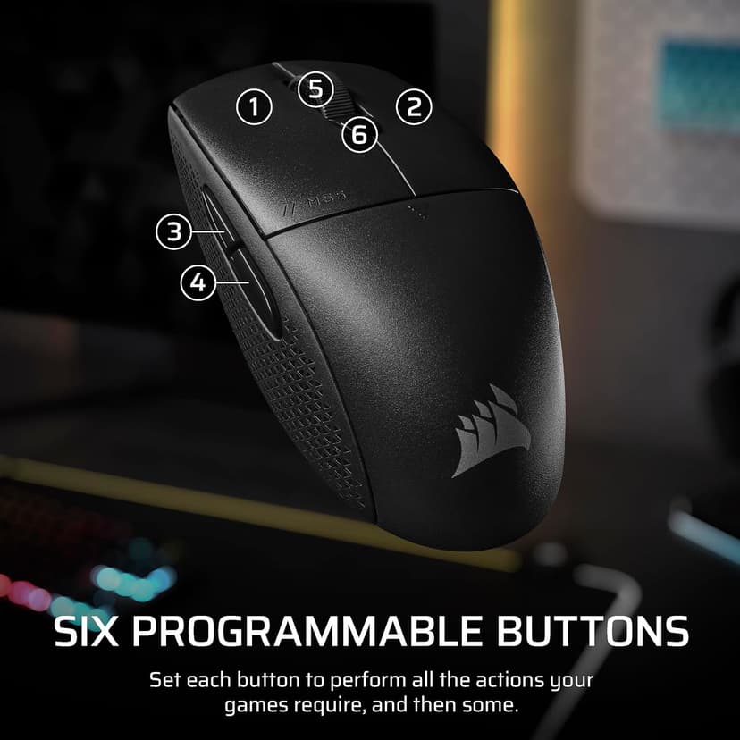 Corsair M55 Wireless Lightweight FPS Gaming Mouse – 2.4GHz & Bluetooth – 24,000 DPI – Long-Lasting Battery Life – Six Programmable Buttons – Textured Side Grips – Black