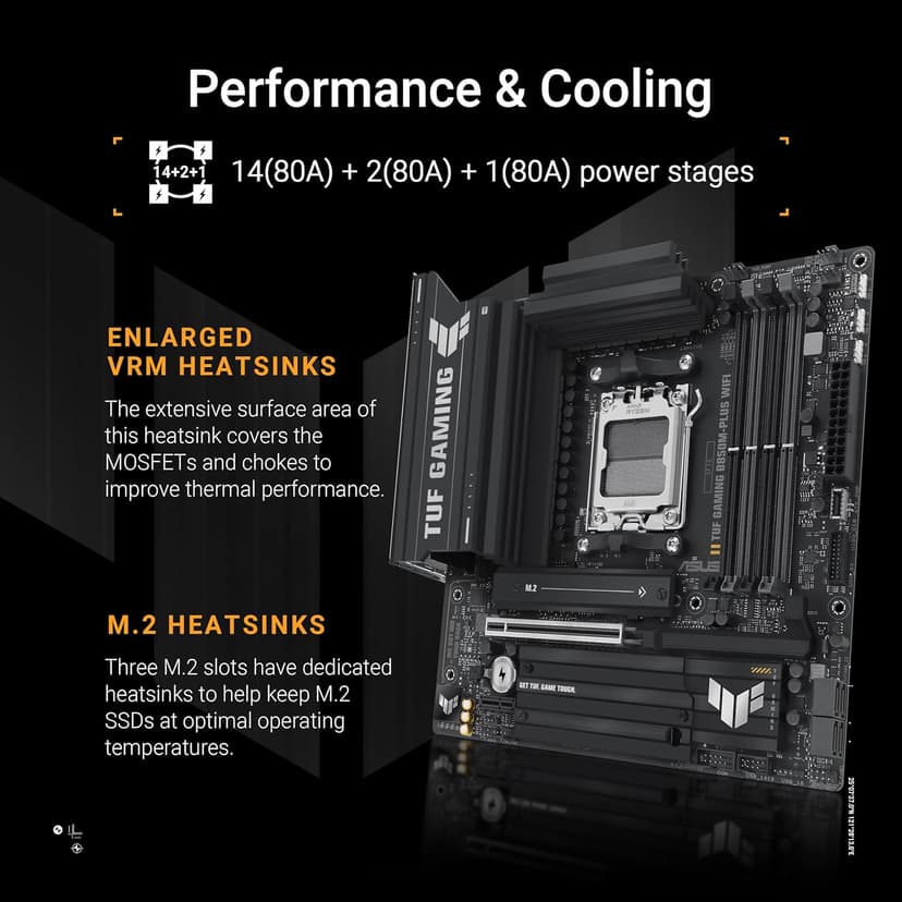 ASUS TUF Gaming B850M-PLUS WiFi AMD AM5 B850 mATX Motherboard, 14+2+1 80A DrMOS Stages, DDR5, PCIe 5.0, 3X M.2, Wi-Fi 6E, 2.5Gb LAN, DP, HDMI™, USB 10Gbps & 20Gbps Type-C®, BIOS Flashback™, Aura Sync