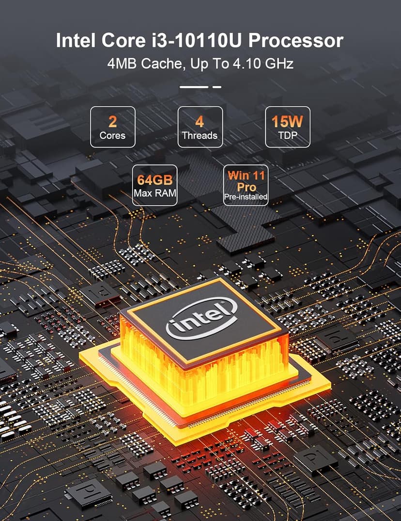 Baieyu Industrial PC with Core i3-10110U (Up to 4.10GHz), 8GB DDR4 RAM 256GB M.2 SSD, Fanless Industrial PC, 2×RS232 COM, Support RS422/RS485, 1×GPIO, 2×HD, 1×DP, 2×RJ45 LAN, 6×USB Port, Win 11 Pro