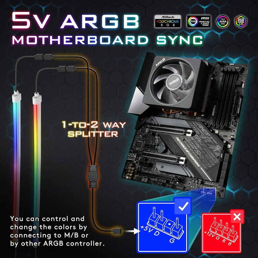EZDIY-FAB Premium LED Strip Kit for PC 5V ARGB Motherboard Sync,Upgraded with 3-Kinds Mounting Clips-2X 400mm Smooth Lighting Strip