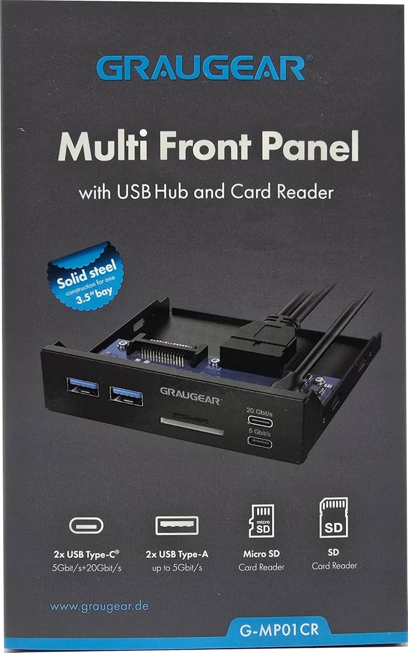 GRAUGEAR 3.5 Inch Front Panel USB C Hub, SD/microSD Internal Card Reader, 20Gbps USB 3.2 Gen 2x2, USB3.2 Type-E Key-A 20-Pin Header & USB3.0 Header & 15-Pin SATA Power Connector Required [G-MP01CR]