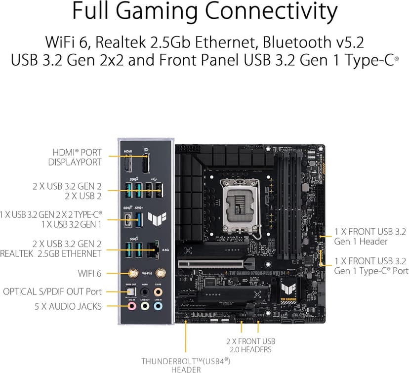 Asus TUF GAMING B760M-PLUS WIFI D4 Intel(13th and 12th Gen)LGA 1700 mATX motherboard,PCIe 5.0,2xPCIe 4.0 M.2 slots,DDR4,WiFi 6,2.5Gb LAN,USB 3.2 Gen 2x2 Type-C,front USB 3.2 Type-C,Thunderbolt (USB4)