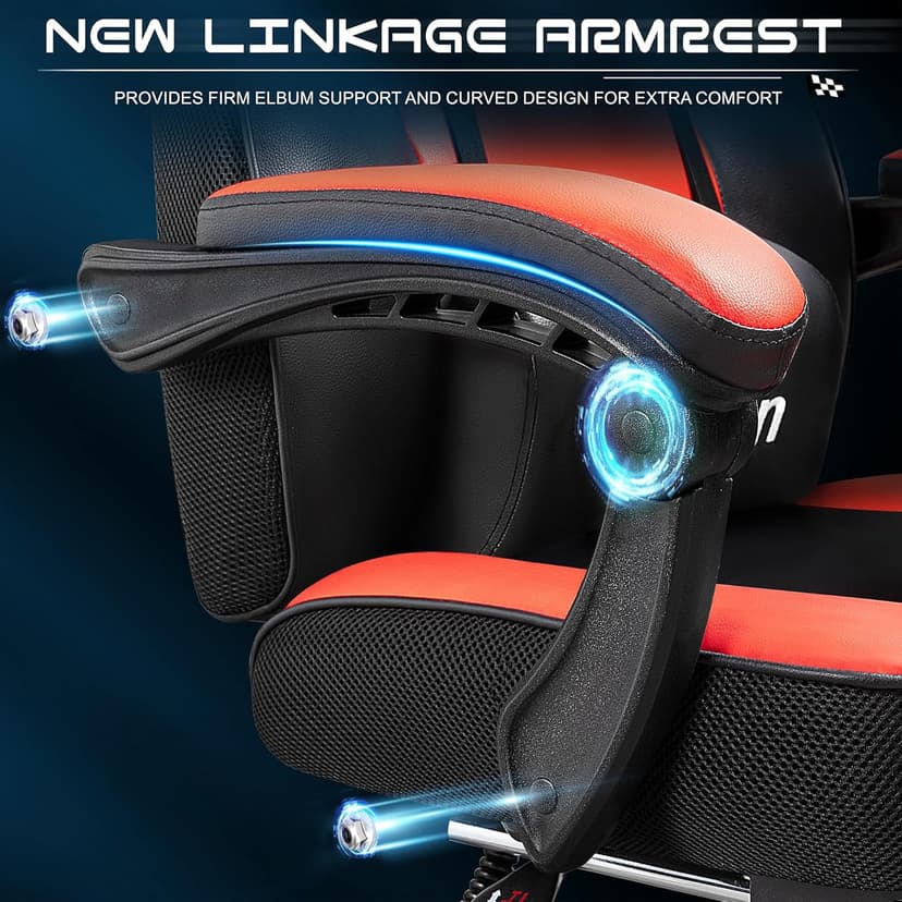 Gaming Chair with Footrest, Video Game Chair for Adults, Big and Tall Computer Chair with Massage Lumbar Support 330lb Weight Capacity, Ergonomic Adjustable Height and 360° Swivel Seat (Red)