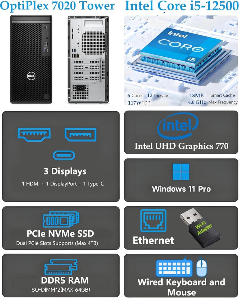 Dell OptiPlex 7020 Tower 7000 Business Desktop Computer, Intel 6-Core i5-12500 (Beat i7-11700), 32GB DDR5 RAM, 1TB PCIe SSD, DVDRW, WiFi Adapter, RJ-45, Type-C, HDMI, DisplayPort, Windows 11 Pro
