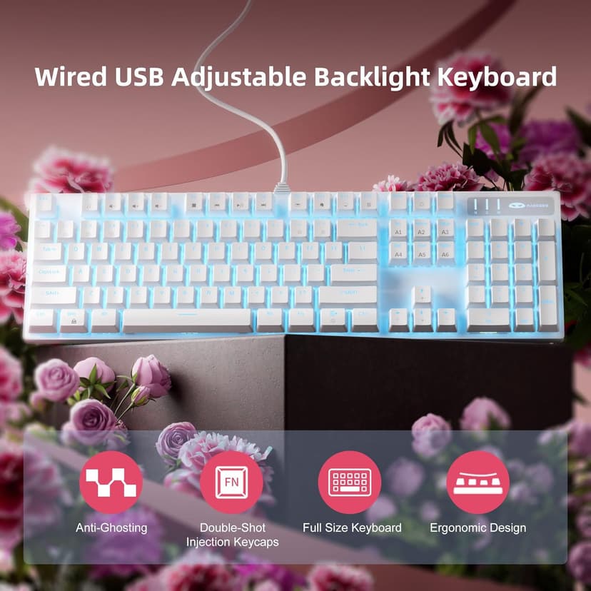 MageGee Mechanical Gaming Keyboard, Wired USB Adjustable Backlight Keyboard, New Mechanical Storm 100% Anti-ghosting Keyboard with Blue Switches for Windows PC/MAC Games (White)
