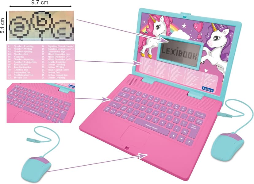LEXiBOOK - Unicorn Educational and Bilingual Laptop Spanish/English - Toy for Children with 124 Activities to Learn Mathematics, Dactylography, Logic, Clock Reading, Play Games and Music - JC598UNIi2