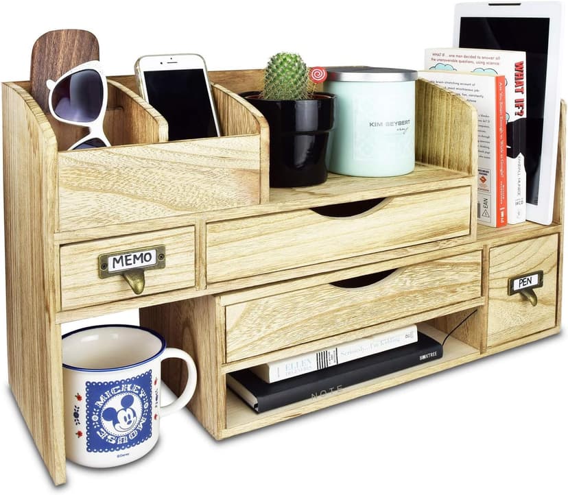 Ikee Design Large Extendable Wooden Desktop Organizer For Office Supplies, Storage Shelf Rack Book Shelf, Stationary Compartment Holder, Back to School, 17 1/4 W x 7 1/2 D x 12 H in