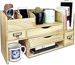 Ikee Design Large Extendable Wooden Desktop Organizer For Office Supplies, Storage Shelf Rack Book Shelf, Stationary Compartment Holder, Back to School, 17 1/4 W x 7 1/2 D x 12 H in