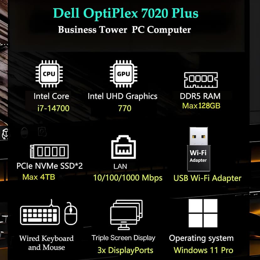 Dell OptiPlex 7020 Plus Tower 7000 Business Desktop Computer, 14th Gen Intel 20-Core i7-14700 up to 5.4GHz, 64GB DDR5 RAM, 2TB PCIe SSD, DVDRW, WiFi Adapter, Ethernet, Keyboard Mouse, Windows 11 Pro