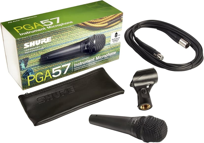 Shure PGA57 Dynamic Microphone - Professional Quality Instrument Mic with Cardioid Pick-up Pattern, 3-in XLR Connector, 15' XLR-to-XLR Cable, Stand Adapter and Zipper Pouch, (PGA57-XLR)