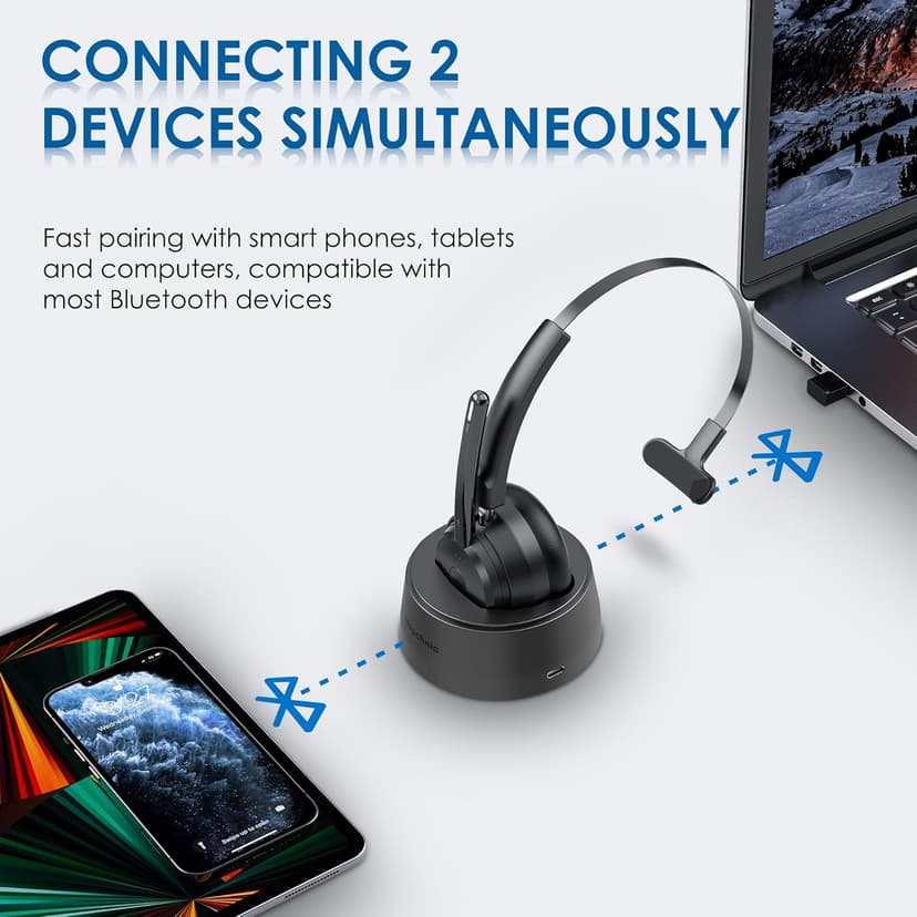 Bluetooth Headset, Wireless Headphone with AI Noise-Canceling Microphone for Computer, On Ear Bluetooth Headset with USB Dongle for Office Call Center Skype Zoom Meeting Online Class (Black)