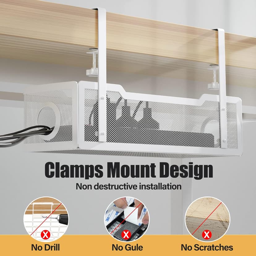 Under Desk Cable Management Tray White, Cinati Wire Organizers No Drill, Cable Tray with Clamp for Wire Management, Cord Organization Box for Office, Home - No Damage to Desk