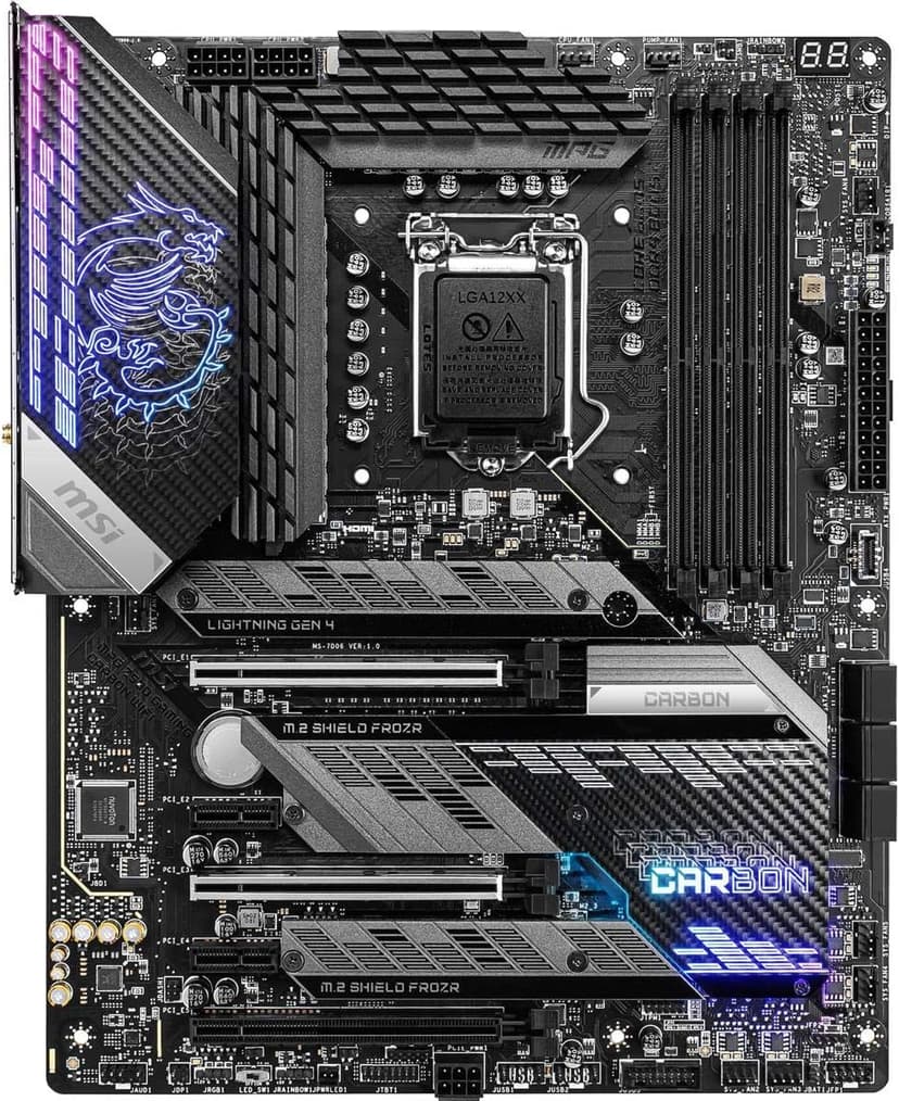 MSI MPG Z590 Gaming Carbon WiFi Gaming Motherboard (ATX, 11th/10th Gen Intel Core, LGA 1200 Socket, DDR4, PCIe 4, CFX, M.2 Slots, USB 3.2 Gen 2, Wi-Fi 6E, DP/HDMI, Mystic Light RGB)