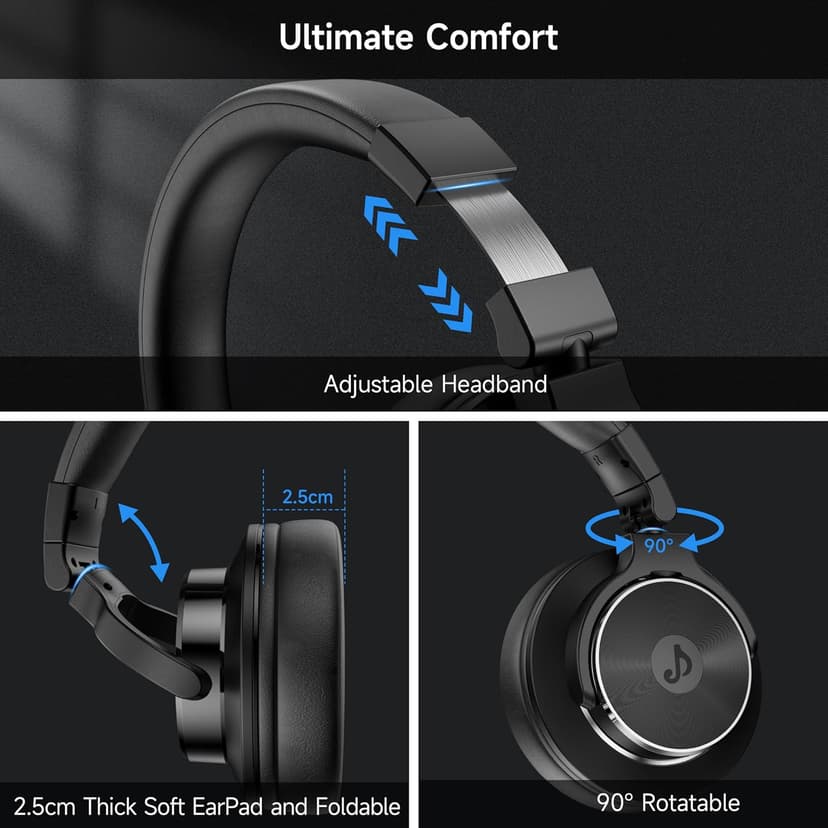 Wired Over Ear Headphones, Studio Monitor & Mixing DJ Headphones with 50mm Neodymium Drivers and 1/4 to 3.5mm Jack for Guitar AMP Podcast Piano Keyboard (Black)