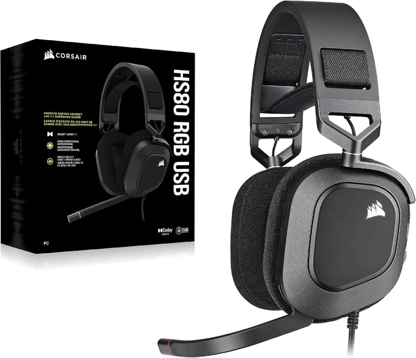 Corsair HS80 RGB USB Premium Gaming Headset with Dolby Audio 7.1 Surround Sound (Broadcast-Grade Omni-Directional Microphone, Memory Foam Earpads, High-Fidelity Sound, Durable Construction) Carbon