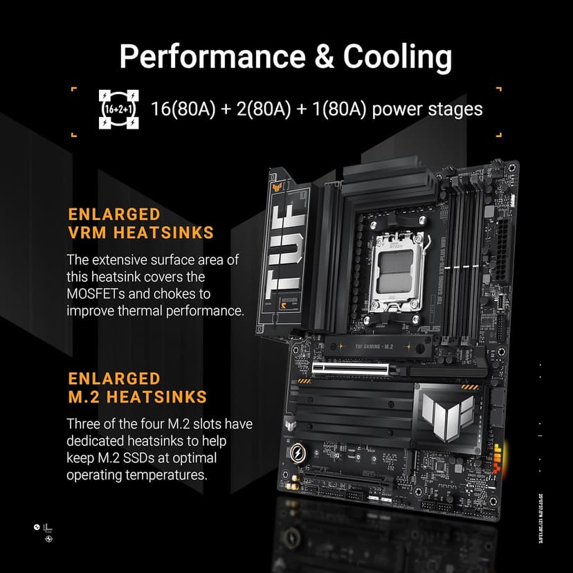 ASUS TUF Gaming X870-PLUS WiFi AMD AM5 X870 ATX Motherboard, 16+2+1, 80A SPS Power Stages, DDR5, PCIe 5.0 Ready, Four M.2 Slots, Wi-Fi 7, 2.5Gb LAN, HDMI, USB4® 40Gbps, SATA 6 Gbps, USB 20Gbps Type-C