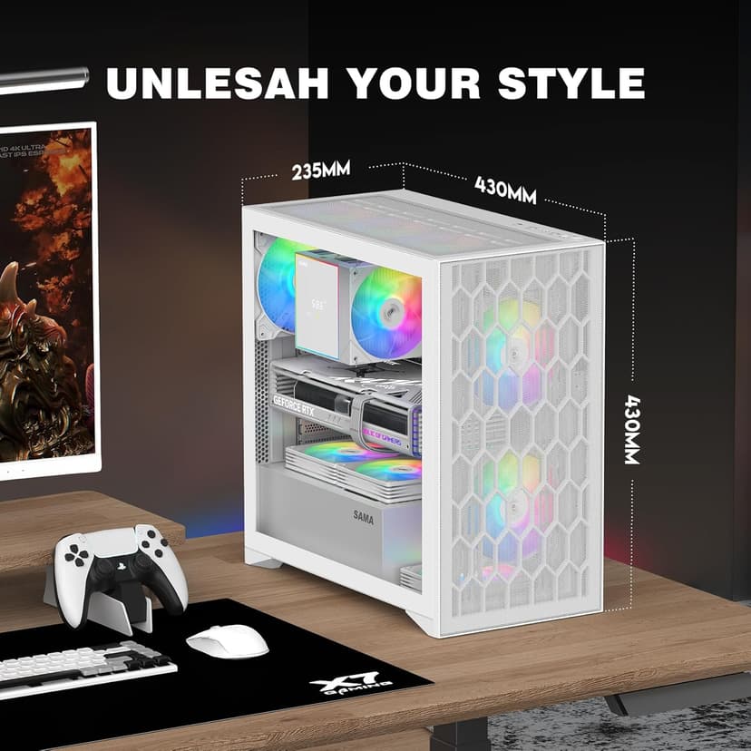 SAMA V Mesh Mid Tower PC Case - High Airflow PC Gaming Case Mesh Front Panel & Tempered Glass Side Panel, 3x140mm ARGB PWM Fans Pre-Installed, Supports ATX/M-ATX/ITX - White