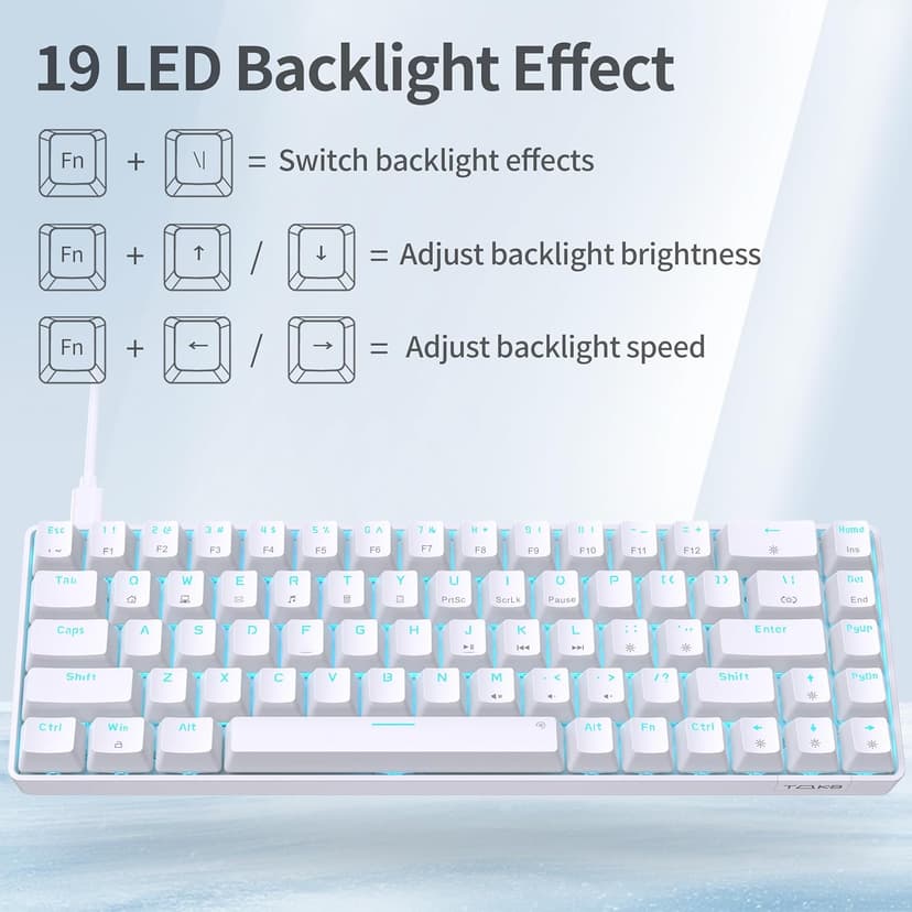 TMKB T68SE 60% Mechanical Gaming Keyboard – Ultra-Compact 68 Keys Wired Keyboard with Blue Switches, LED Backlit, Dedicated Arrow & Control Keys – White – for Windows PC/Laptop/Gamers/Typists