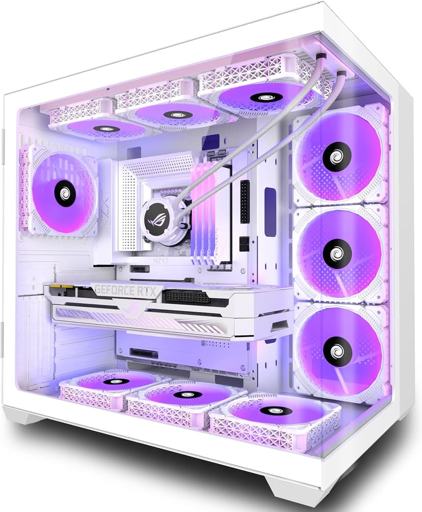 ANSAITE PC CASE ATX 9 PWM ARGB Fans Pre-Installed, Mid-Tower Gaming PC Case, Panoramic Tempered Glass White Computer Case with Type-C,360mm Radiator Support,W9