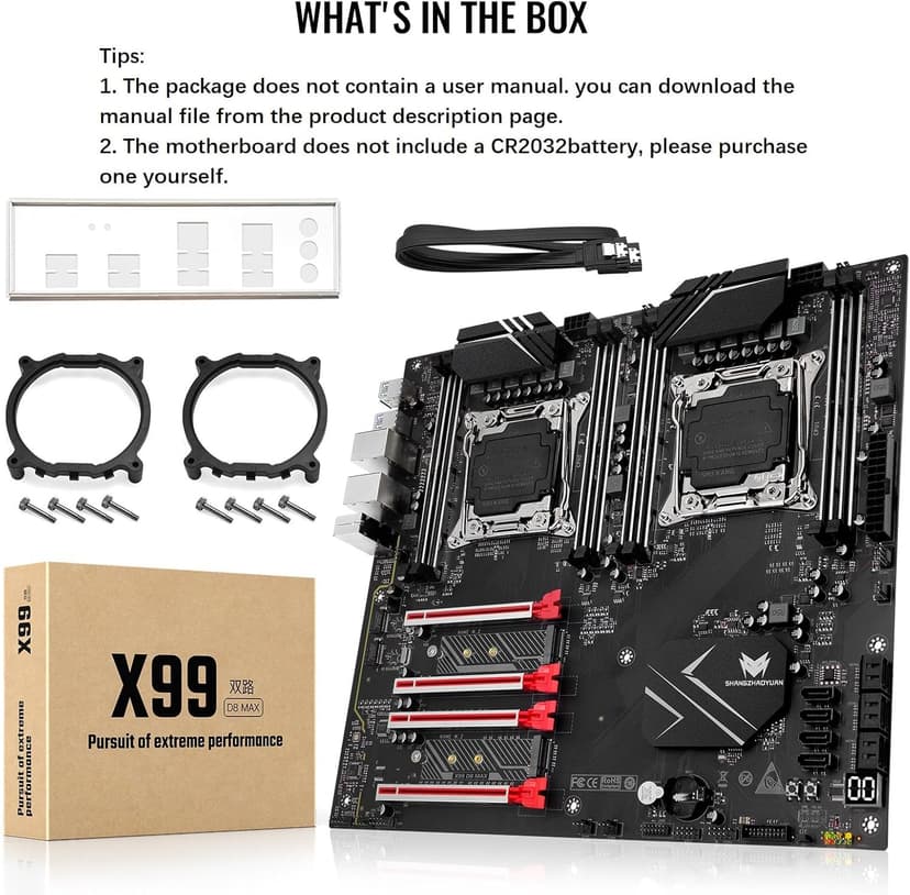 X99 Dual CPU Motherboard LGA 2011-3 Server Motherboard for Intel i7 5th/6th Gen Xeon E5 V3/V4 Series (E-ATX, 8*DDR4 ECC Max 256G, 2*NVME M.2, 2*Gb LAN, SATA 3.0, PCIe 3.0)