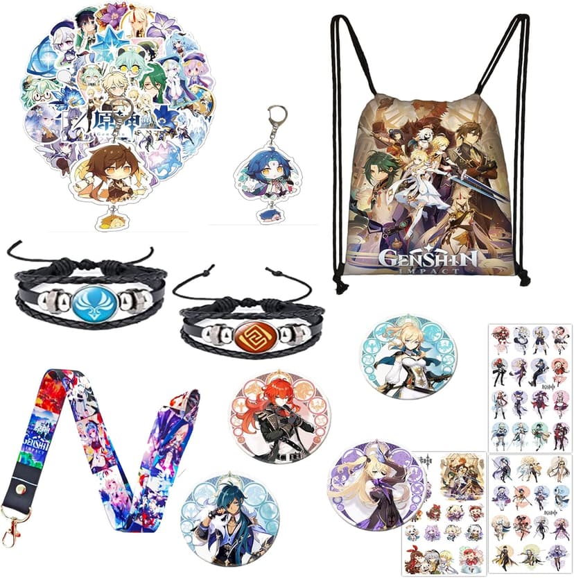 Genshin Impact merch Gift Sets - 1 Genshin Impact Drawstring Bag Backpack, 50 Cartoon Stickers, 1 Lanyard, 2 Keychains,2 Bracelets, 4 Button Pins,6 Stickers for Anime Genshin Impact Fans