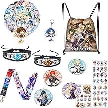 Genshin Impact merch Gift Sets - 1 Genshin Impact Drawstring Bag Backpack, 50 Cartoon Stickers, 1 Lanyard, 2 Keychains,2 Bracelets, 4 Button Pins,6 Stickers for Anime Genshin Impact Fans
