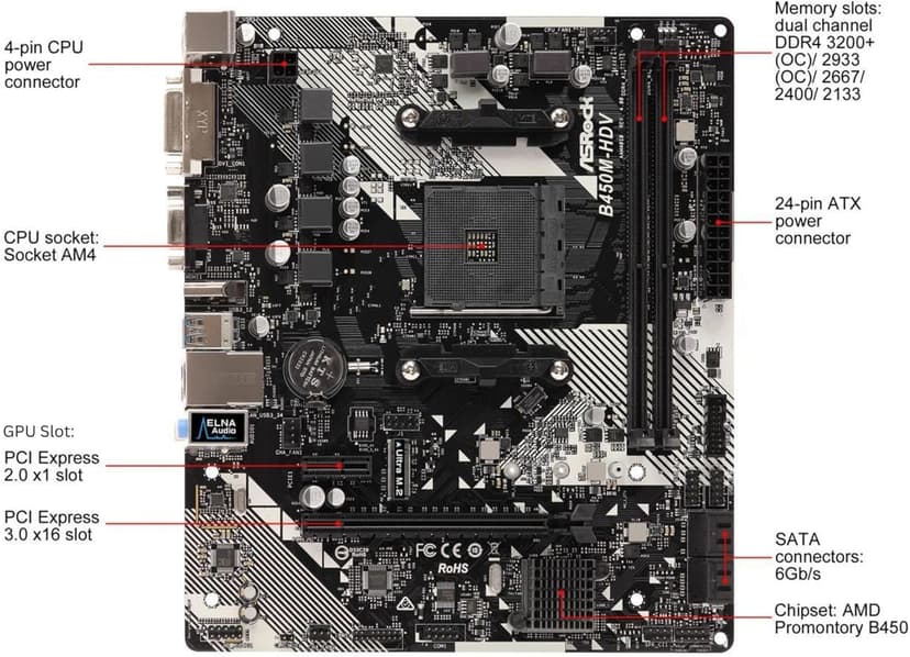 B450M-HDV R4.0 AMD B450 AM4 Socket Ryzen 2000 - 5000 Processors DDR4 3200 64GB HDMI DVI-D D-Sub Motherboard SATA 6Gb/s Micro ATX M.2