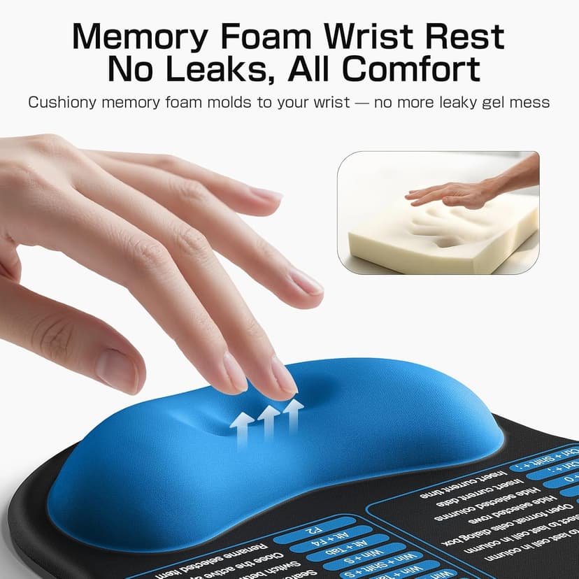 Mouse Pad with Wrist Rest - Ergonomic Memory Foam Support, Small Cute Excel Cheat Sheet Mousepad with Windows & Office Shortcuts, Non-Slip PU Base, for Computer Desk Laptop Travel, Black Blue