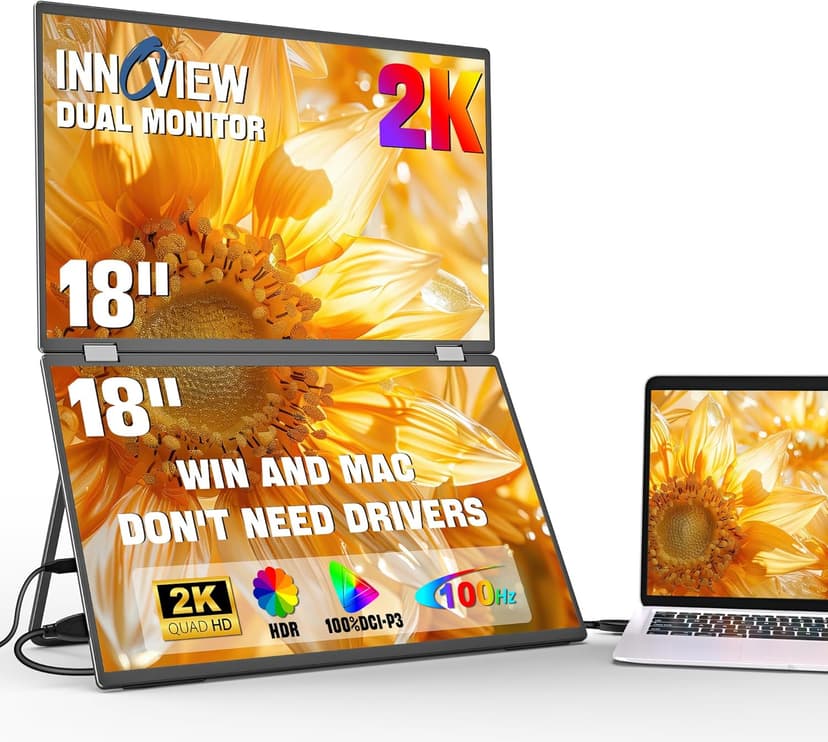 InnoView 18" 2K 100Hz Portable Monitor 100% DCI-P3 Portable Dual Monitor for Laptop 315°Adjustable Screen Extender for Windows Mac with Type-C HDMI DP Foldable Monitors Portatil(No Driver Needed)