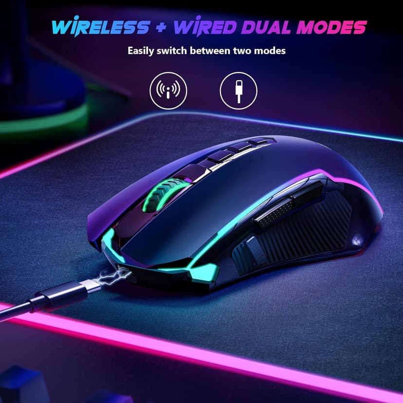 Redragon Gaming Mouse, Wireless Mouse Gaming with 8000 DPI, PC Gaming Mice with Fire Button, RGB Backlit Programmable Ergonomic Mouse Gamer, Rechargeable, 70Hrs for Windows, Mac Gamer, Black