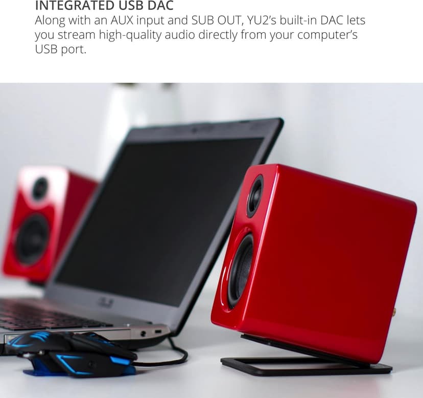 Kanto YU2GR PC Gaming Desktop Speakers | 3" Composite Drivers | 3/4" Silk Dome Tweeter | Class D Amplifier | 100 Watts | Built-in USB DAC | Subwoofer Output | Pair | Gloss Red