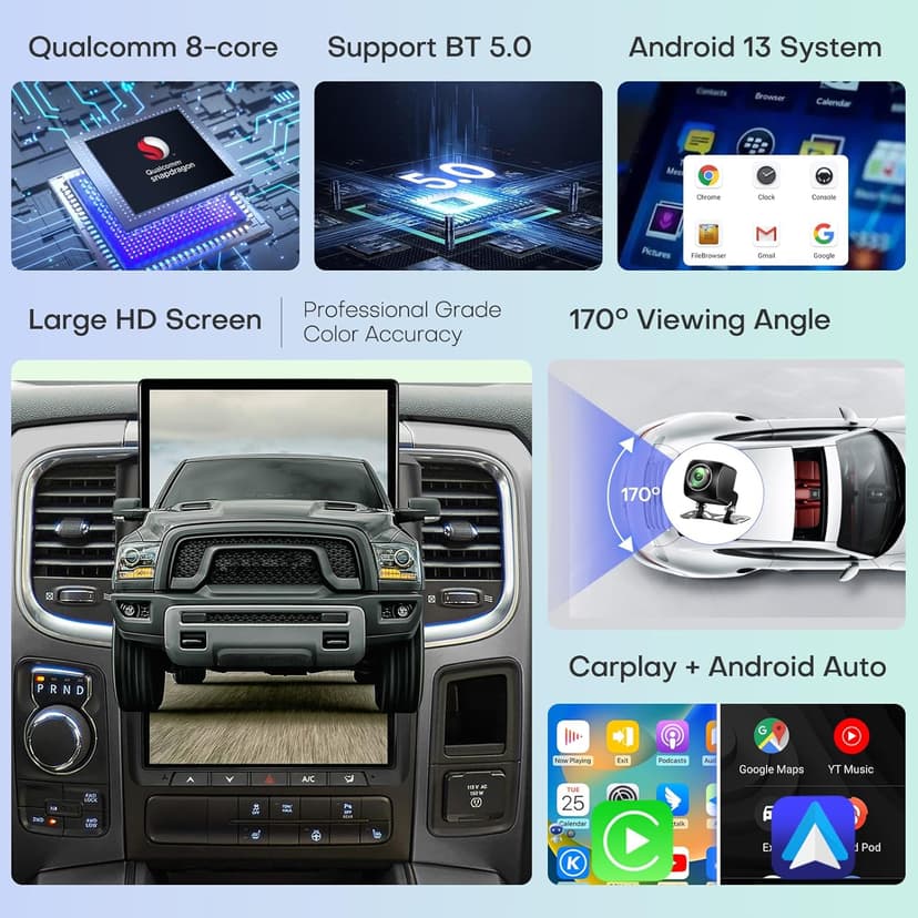 Qualcomm Car Radio for Dodge Ram 2013-2019 Stereo Replacement Head Unit 14.4 Inch 2K IPS Touch Screen Tesla Style Carplay Android Auto GPS Navigation