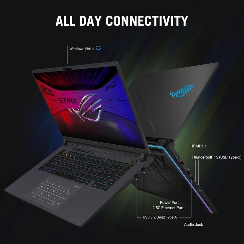 ASUS ROG Strix G16 (2025) Gaming Laptop, 16” ROG Nebula Display 16:10 2.5K 240Hz/3ms, NVIDIA® GeForce RTX™ 5070 Ti GPU, Intel® Core™ Ultra 9 275HX Processor, 32GB DDR5, 1TB SSD, Wi-Fi 7, Win11 Home
