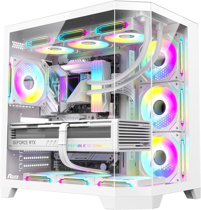 RUIX OV303 ATX Mid-Tower PC Case, Pre-Installed 4 x 120mm Prism ARGB PWM Fans, USB 3.0 & Type-C Ports, High-Airflow Gaming Computer Case - White