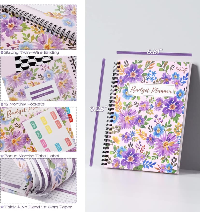 [Undated] Monthly Budget Planner with 12 Bill Pockets for Income, Debt, Saving, Expense and Bill Tracker Organizer, Pink, Floral Design