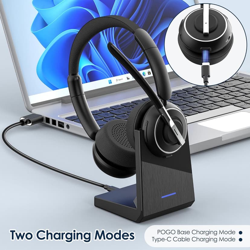 Wireless Headset, Bluetooth Headset with AI Noise Cancelling Mic, Bluetooth V5.2 Headphones with USB Dongle, Charging Base & Mic Mute for PC/Cell Phones/Call Center (Binaural, Black)