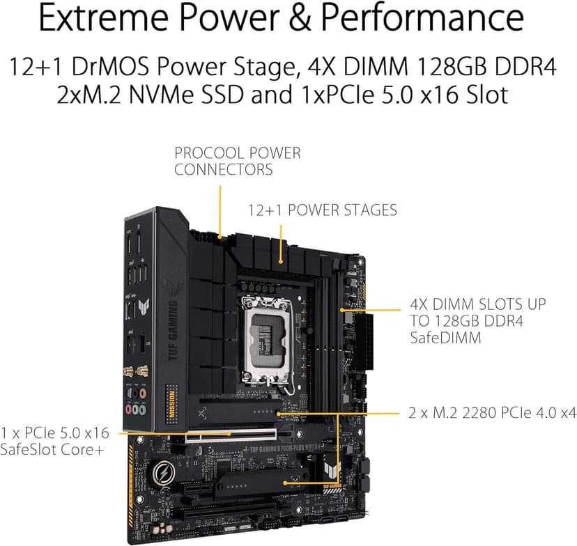 Asus TUF GAMING B760M-PLUS WIFI D4 Intel(13th and 12th Gen)LGA 1700 mATX motherboard,PCIe 5.0,2xPCIe 4.0 M.2 slots,DDR4,WiFi 6,2.5Gb LAN,USB 3.2 Gen 2x2 Type-C,front USB 3.2 Type-C,Thunderbolt (USB4)