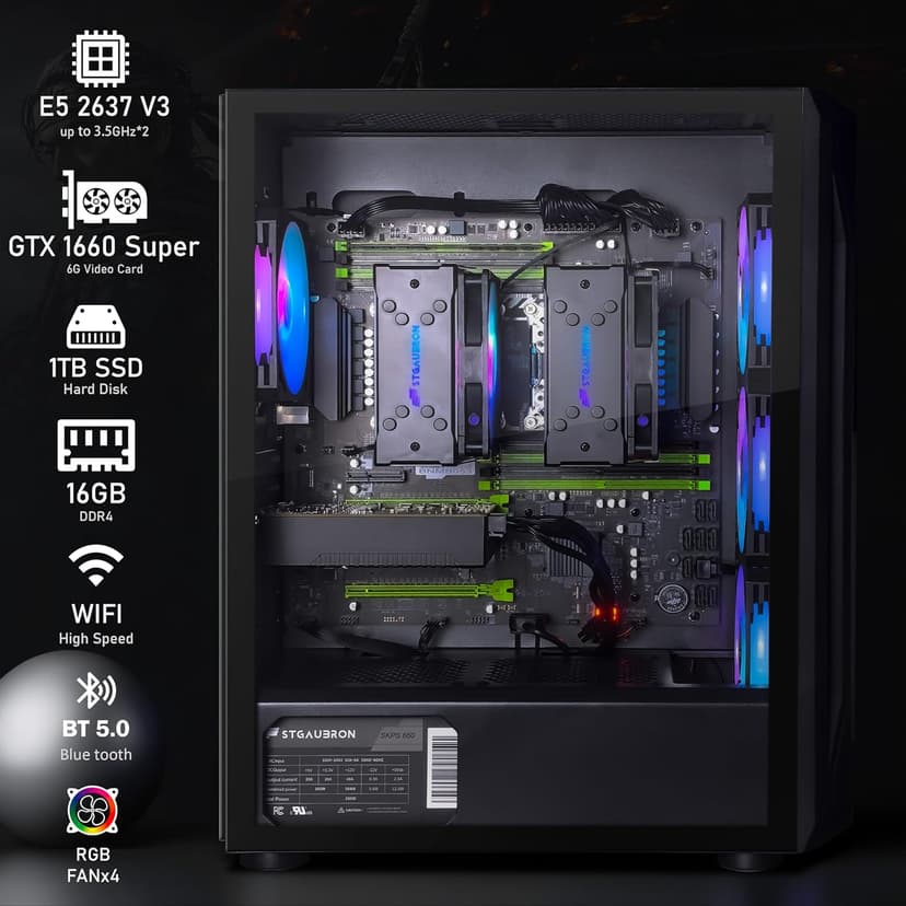 STGAubron Dual CPU Gaming PC, Dual Intel i7 Xeon E5 up to 3.7GHz, GeForce GTX 1660 Super 6G, 16G DDR4, 1T SSD, 600M WiFi, BT 5.0, RGB Fan x4, Windows 10 Pro