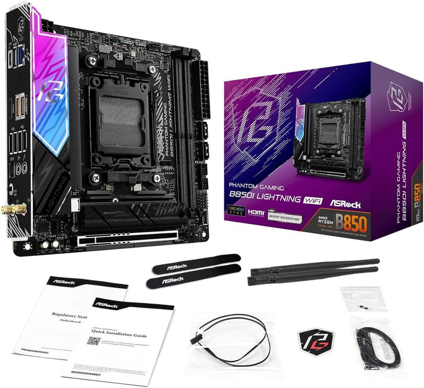 ASRock AMD B850i Lightning WiFi 6E Socket AM5 Ryzen 9000/8000/7000 Series DDR5 8200+ (OC) MHz 128GB Mini ITX Motherboard M.2 SATA3 6.0 Gb/s PCIe 5.0 B850 BIOS Flashback