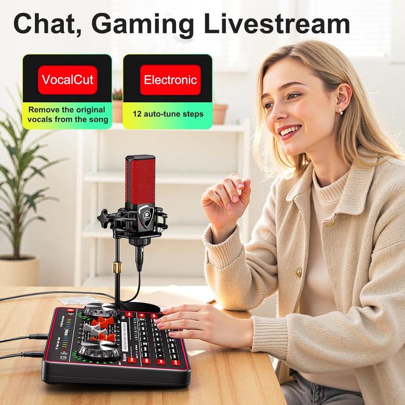 Podcast Microphone Bundle with Live Sound Board Audio Mixer, Podcast Equipment Bundle with 3.5mm Condenser Microphone for Pc/Phone Live Streaming Singing Gaming, Soundboard with Voice Changer, Denoise