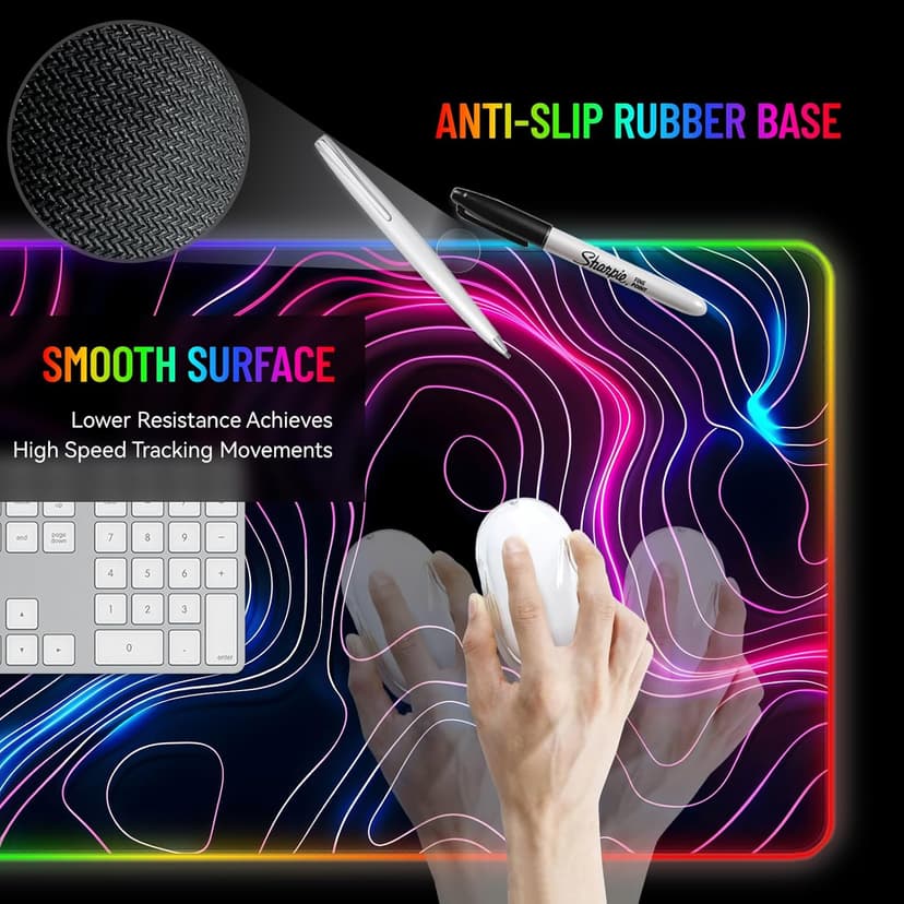 RGB Mousepad LED Desk Mat Gaming Large Keyboard Cute Desktop Computer Laptop 14 Light XXL Long Giant Big Cool Modern Design Unique for Men Boys Gamer Oversized Wide 30x12'' Mousepad, Topo