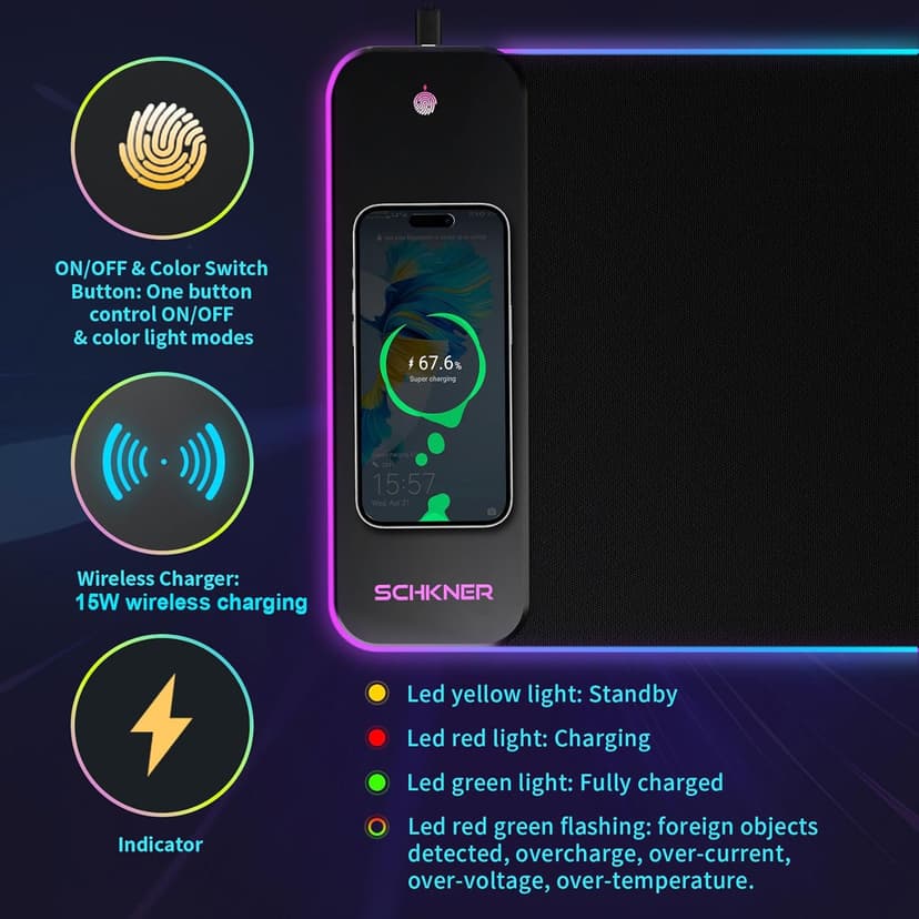 RGB Gaming Mouse Pad with Wireless Charging 15W, Large Desk Mat 800x300x4mm, 10 Light Modes Keyboard Pad with Non-Slip Rubber Base, Waterproof Mousepad for Gaming PC MacBook Laptop