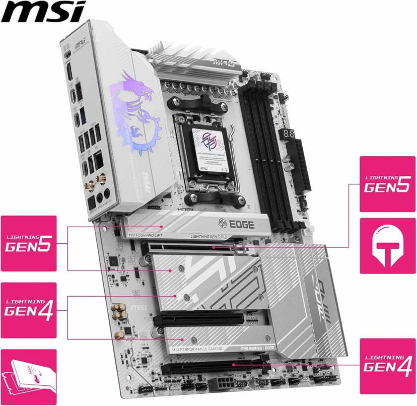 msi MPG B850 Edge TI WiFi Motherboard, ATX - Supports AMD Ryzen 9000/8000 / 7000 Processors, AM5-80A SPS VRM, DDR5 Memory Boost (8400+MT/s OC), PCIe 5.0 x16, M.2 Gen5, Wi-Fi 7, 5G LAN