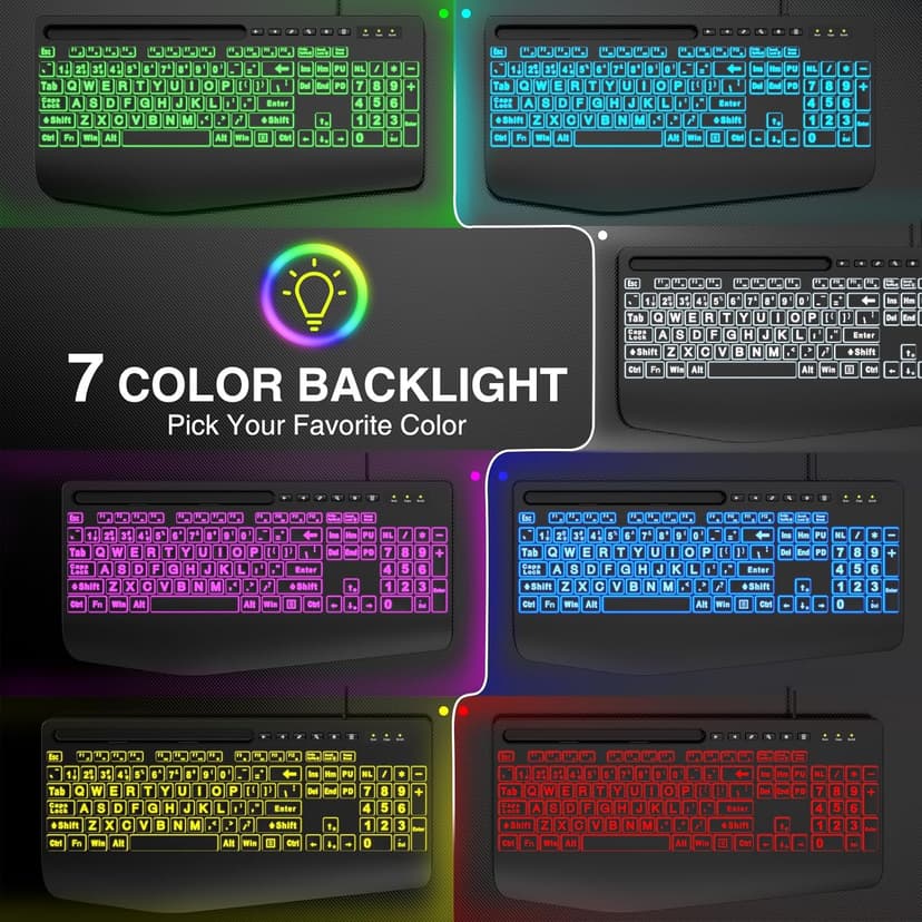 SABLUTE Large Print Backlit Keyboard, Wired USB Computer Keyboards with 7-Colors Backlight, Wrist Rest, Phone Holder, Oversized Letter Keys Easy to See and Type for Laptop, PC, Windows, Black